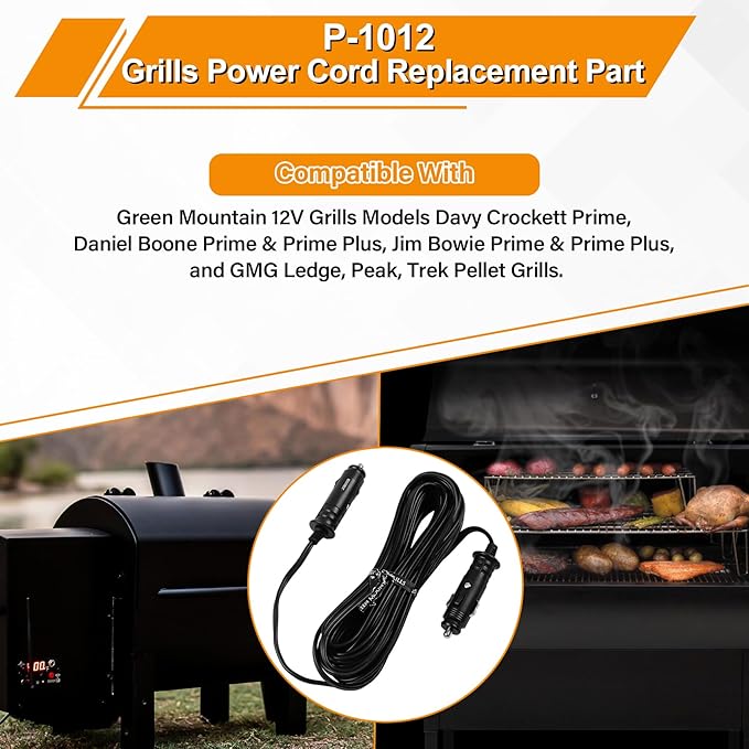 12V Power Cord for GMG Green Mountain Grill Jim Bowie, Daniel Boone, Davy Crockett 12V Prime/Prime Plus Pellet Grills, P-1012 Vehicle Adapter Replacement Part for GMG Ledge Peak Trek Grills