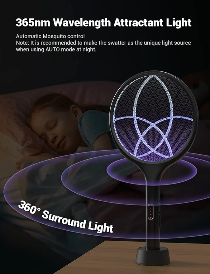 YISSVIC Electric Fly Swatter 4000V Bug Zapper Racket Dual Modes Mosquito Killer with Purple Mosquito Light Rechargeable for Indoor Home Office Backyard Patio Camping (Black-1 Pack)