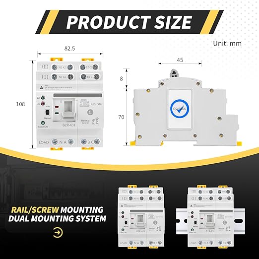 Mini ATS Automatic/Manual Transfer Switch 4P 63A AC220V, Home Generator Manual Transfer Switches for Uninterruptible Power Supply, 3Phas Dual Auto Power Electrical Selector Switch DIN Rail Mount G2R