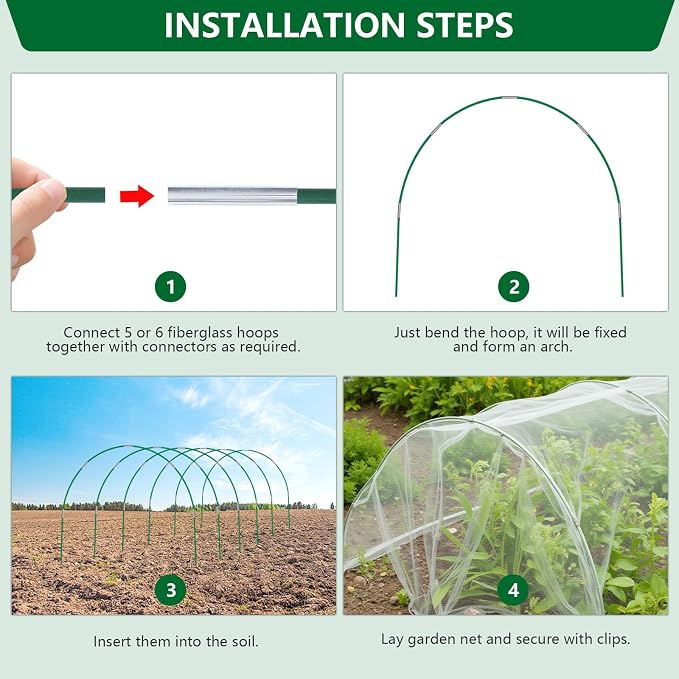 2 x Garden Netting Kit, 10x30FT Green Mesh Netting+10x30FT White Mesh Netting+ 12 Sets of 8FT Fiberglass Garden Hoops for Raised Beds