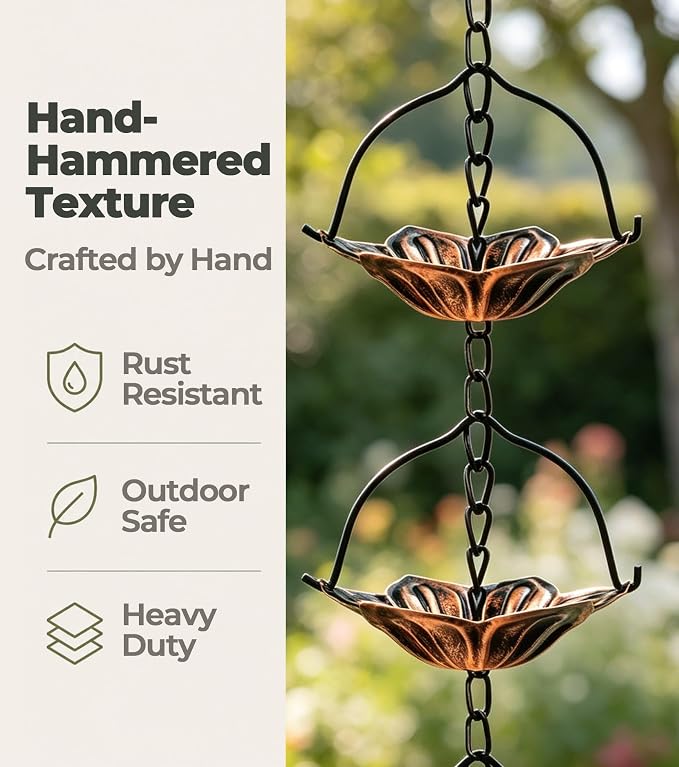 Copper Rain Chain for Gutters, 12 Cup Lotus Decorative Water Feature, 8FT 7IN Adjustable Metal Chain Rain Diverter for Outdoor Garden Décor with Crystal Accent