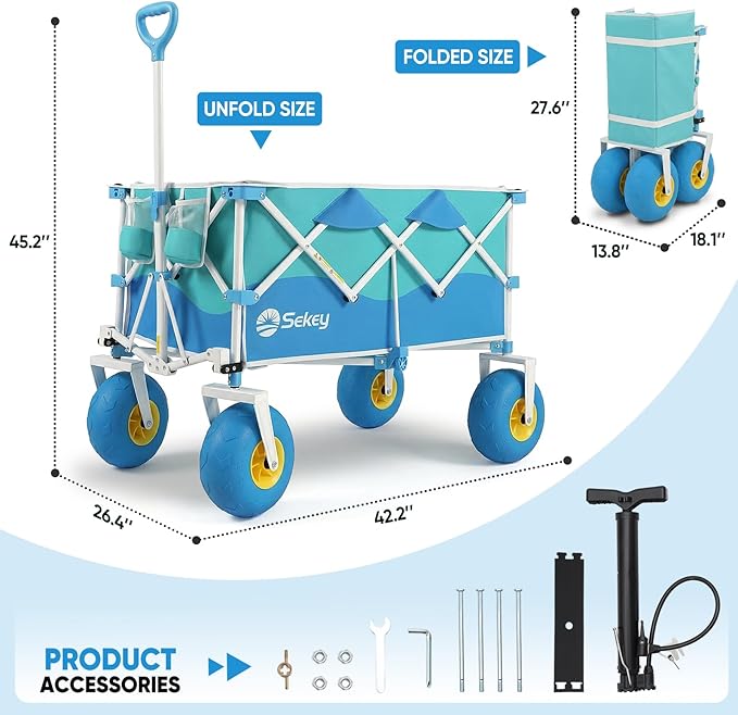 Sekey Heavy Duty Beach Wagon with 9" Big Sand-Proof Wheels – 600lb Capacity, 200L Oversized Foldable Cart | Adjustable Handle & All-Terrain Tires for Sand, Camping, Groceries