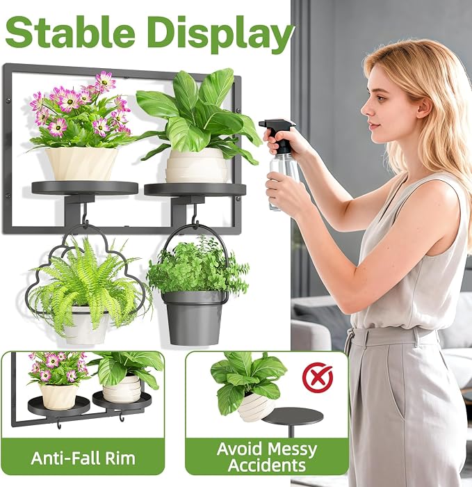 iDavosic.ly Wall Plant Holder Set of 3, 2-Tier Floating Shelves with Hooks, Metal Display Stand for Indoor Outdoor, Picture Frames, Living Room Decor, Space Saving (Pots/Chains/Plants Not Included)