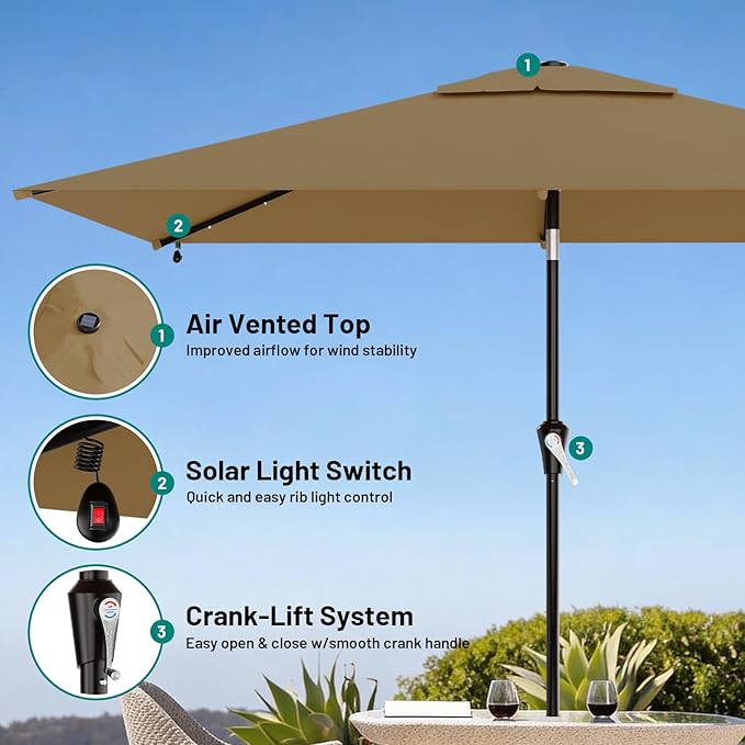 AreShark 6.5' x 10' Rectangular Patio Umbrella with Solar Lights, Solar Powered Lighted Market Umbrella w/Tilt and Crank, Outdoor Table Umbrella for Garden, Deck, Backyard, Pool and Beach, Khaki