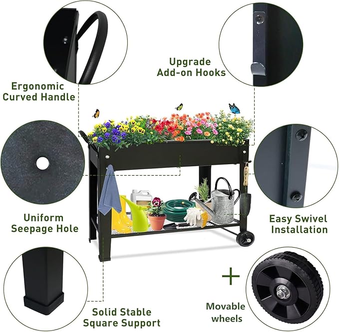 aboxoo Large Planter Raised Beds with Legs Outdoor Metal Planter Box on Wheels Elevated Garden Bed for Vegetables Flower Herb Patio (40" L x 11" W x 31.5" H)