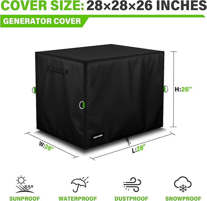 Outdoor Generator Cover. 28L×28W×26H Inches, Equipped with A Wind-resistant Securing Rope. Suitable for Most Generators 5000-12000 Watts. Black.
