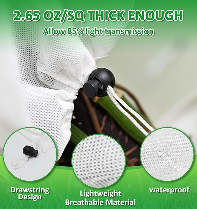 EAONE 12 Pack Plant Covers Freeze Protection, 32x47'' Winter Frosts Cloth for Outdoor Plants, Reusable Frost Blankets Drawstring Bags for Cold Freeze Sun Protection Bird Insect Prevention,White