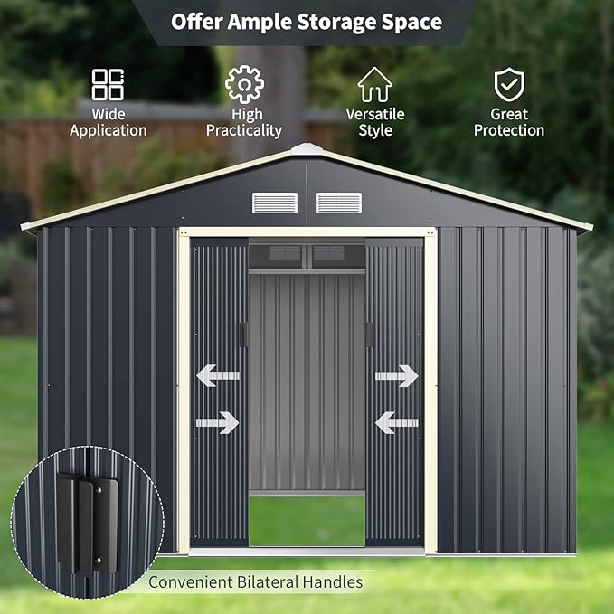 Goplus Storage Shed, Metal 9' X 8' Outdoor Building Organizer with 4 Vents & Double Sliding Door for Garden Backyard Farm (9'X8')