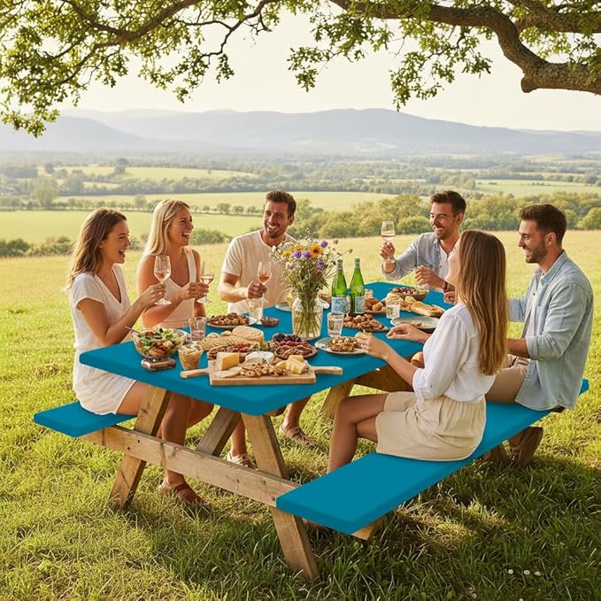 Smiry Picnic Table Cover with Bench Covers, Waterproof Elastic Fitted Polyester Tablecloths for 8 Ft Rectangle Tables, Washable Windproof Tablecloth for Camping, RV & Outdoor (Turquoise, 30x96 Inches)