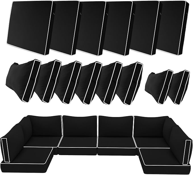 14 Piece Outdoor Patio Cushion Covers Replacement, Waterproof Outdoor Furniture Cushion Covers, Fit 7 Pcs 6 Seater Wicker Rattan Conversation Sofa Set, Black+White Piping(Only Cover) 25.6x25.6"