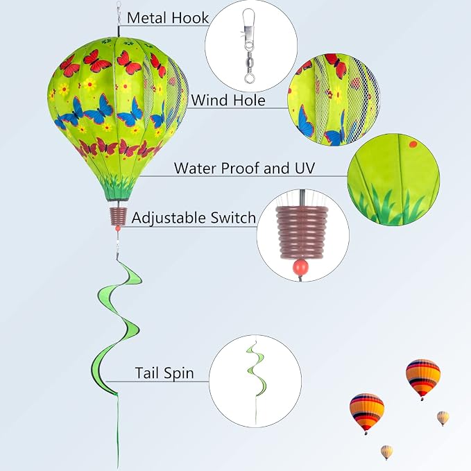 2Pack Hot Air Balloon Wind Spinner Garden Windmills and Spinners Decorations Large Outdoor Hanging Decor Lawn Yard Windsock Ornaments Colorful Butterfly Wind Hanging Ornaments