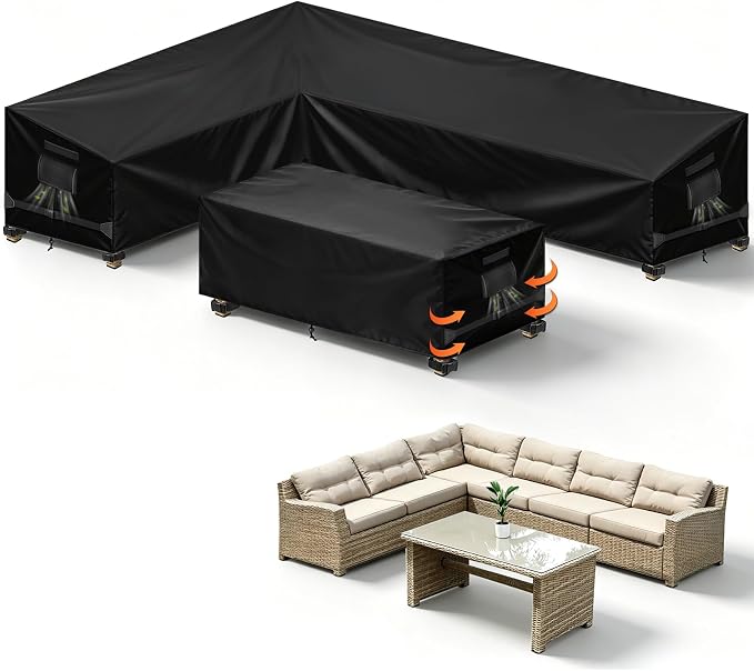 Outdoor L-Shaped Sectional Cover and Patio Table Cover Waterproof, 2PCS 420D Patio Furniture Covers, Fit 6-Seater Outdoor Sectional Furniture Couch and Tables, Triple Windproof and Anti-UV, Black