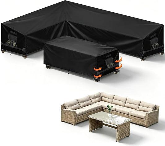 Outdoor L-Shaped Sectional Cover and Patio Table Cover Waterproof, 2PCS 420D Patio Furniture Covers, Fit 6-Seater Outdoor Sectional Furniture Couch and Tables, Triple Windproof and Anti-UV, Black