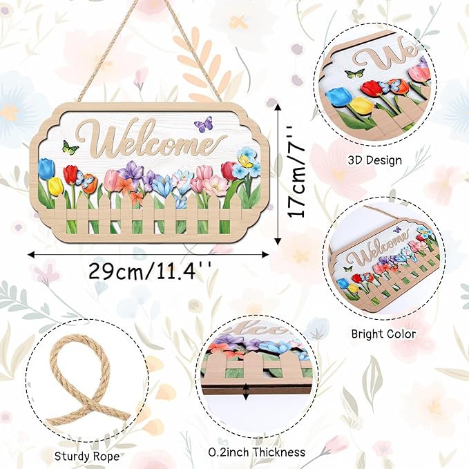 HOURIA 3D Welcome Front Door Sign (11.4”x7”),Floral Butterfly Garden Sign,Colorful Tulip Flower Wreath Sign,Spring Summer Decorations for Home Office Indoor Outdoor