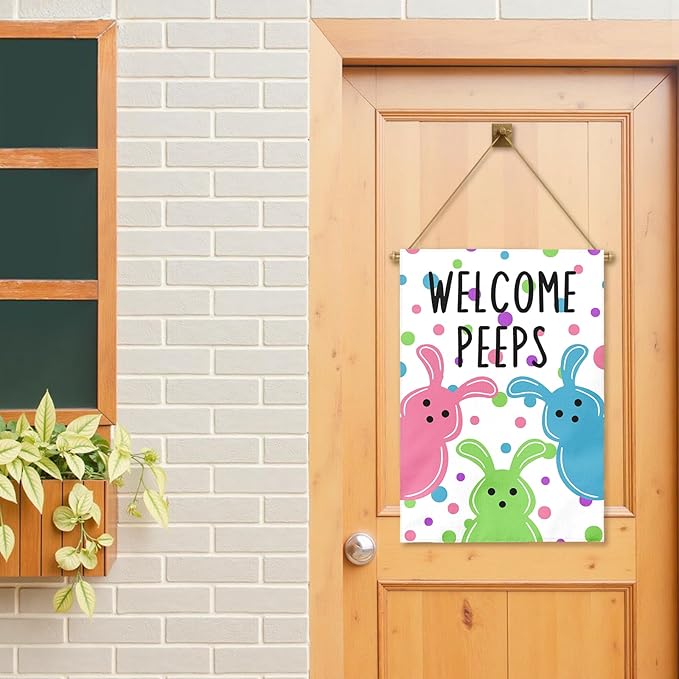 Large Easter House Flag 28x40 Inch Double Sided Welcome Peeps Bunny Flag Colorful Spring Yard Flag Outdoor Porch Cute Rabbit and Egg Pattern Farmhouse Easter Garden Banner for Home Patio Lawn