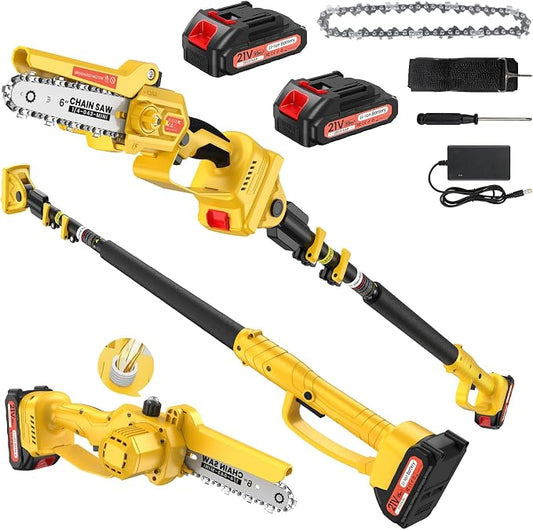 2-in-1 Electric Pole Saws for Tree Trimming, 6 Inch Mini Chainsaw Cordless with Extension Pole, Battery Powered Pole Chain Saw, Tree Trimmer Limb Branch Cutter Pruner with 2 Battery