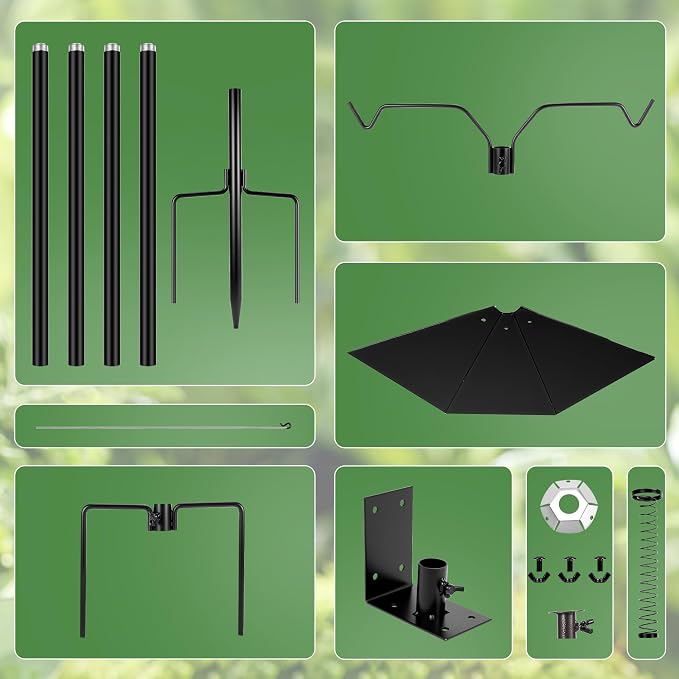 YINGYM Bird Feeder Pole, 79 Inch Heavy Duty Bird House Pole Mount Kit for Outdoors, Adjustable Feeding Stand, with 2-Hooks, Metal Squirrel Baffle and 5-Prong Base, Black