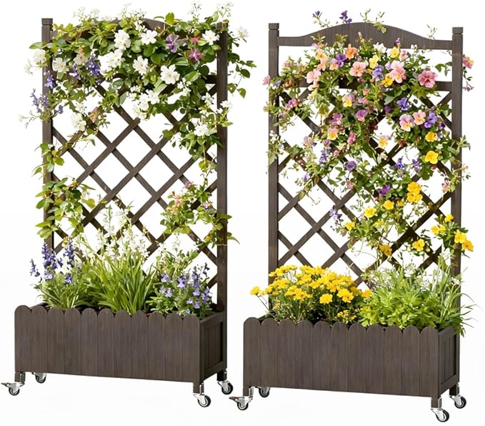 COMHOMA 2 Pack Raised Garden Bed with Trellis and Wheels,48Inch Elevated Planter Box with Drainage Holes,Lattice Privacy Screen for Climbing Plants Vegetables,Outdoor for Patio Balcony Yard,Brown