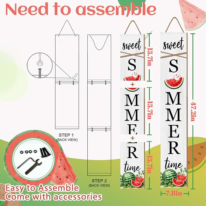 Summer Watermelon Porch Sign Sweet Summer Time Welcome Sign For Front Porch, Cute Fruit Home Decor Welcome Sign for Indoor Outdoor Garden Wooden Vertical Sign For Patio Front Door Wall Yard