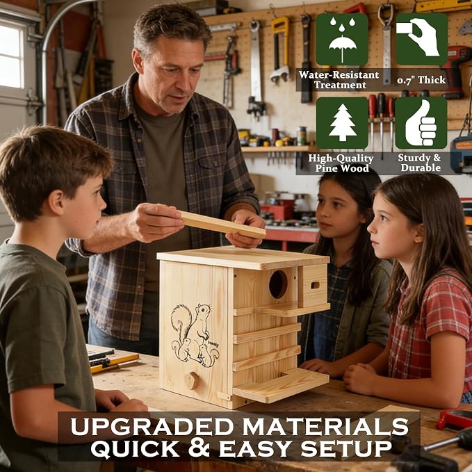 Extra Large Outdoor Squirrel House, Wooden Nesting Box | 0.7-inch pine with weather-resistant finish, external platform, front porch, ventilation and easy tree or fence mounting