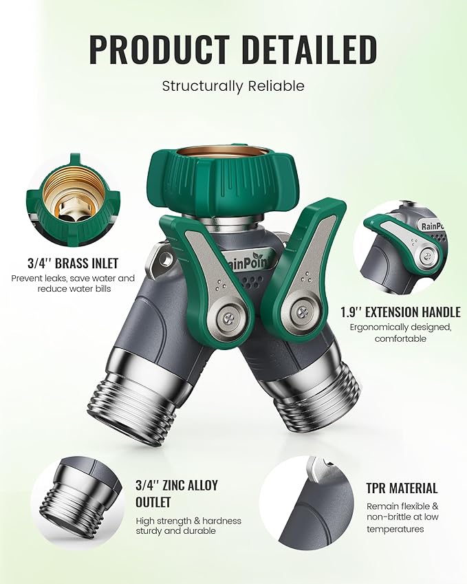 RAINPOINT Garden Hose Splitter 2 Way Heavy Duty, 3/4'' Connector Water Hose Bib Y Spigot Splitter with Shut-Off Valve, 100% Metal Body Outdoor Water Faucet Adapter Fittings (2 Pack)