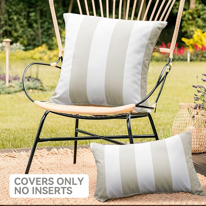 Western Home Pack of 2 Outdoor Waterproof Striped Throw Pillow Covers Beige Grey Decorative Pillowcases Garden Modern Cushion Cases for Patio Tent Balcony Couch Sofa 12x20 Inch