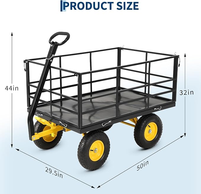 Heavy Duty 1500 Lbs Capacity Mesh Steel Garden Cart Folding Utility Wagon with Removable Sides, Garden Cart on Wheels for Gardening Soil, Tools, and Plant Transport