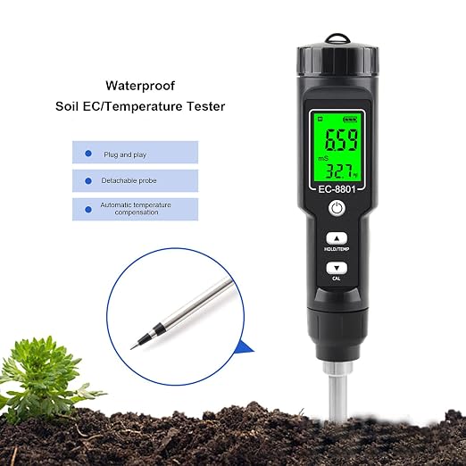 2 in 1 Soil Tester, Digital EC Temperature Meter with Detachable Probe, Portable Soil Meter for Greenhouse Horticultural Planting