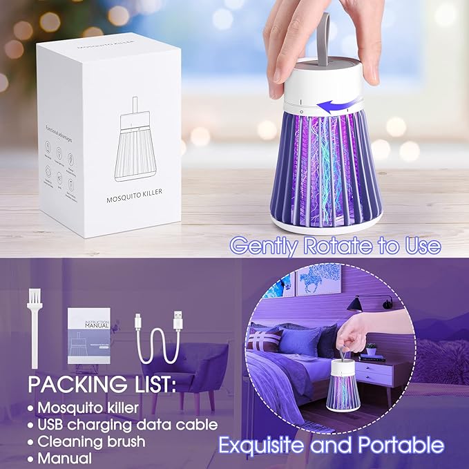Rechargeable Mosquito Zapper for Home & Camping - UV Purple Light Electric Insect Trap, USB Charging, Safety Grid, Indoor/Outdoor Bug Killer (Gray)