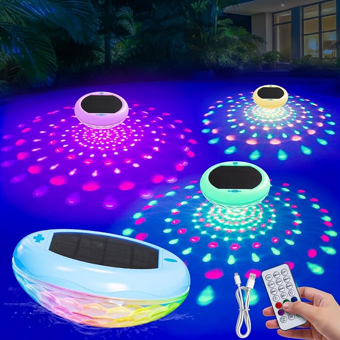 Solar Rechargeable Floating Pool Lights 2 in 1, 6.7 Inch Pool Lights That Float with Remote, 13 RGB Color Changing, Timing Mode, IP68 Waterproof 2600mAh Pool Lights for Inground Pool, Garden 1 PCS