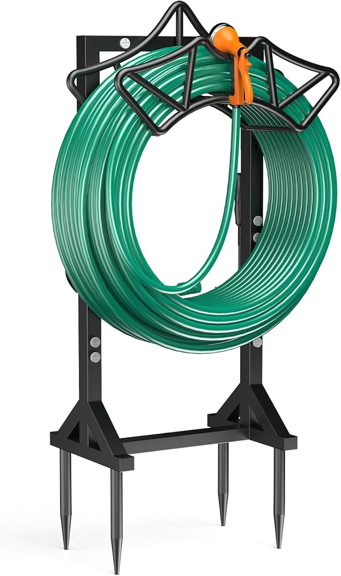 Garden Hose Holder Holds 160Ft Hoses, Heavy-Duty Freestanding Hose Reel with 2 Tool Hooks, Rustproof Freestanding Hose Stand with 4 Spikes Water Hose Hanger Storage Reel Rack for Outside, Yard, Lawn