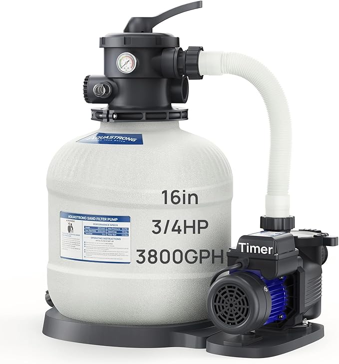 AQUASTRONG Sand Filter Pump for Above Ground Pool, Pool Pumps Above Ground with Timer, Pool Sand Filter with 6-Way Valve,Improved Circulation and Filtration,16in, up to 16000 Gallons