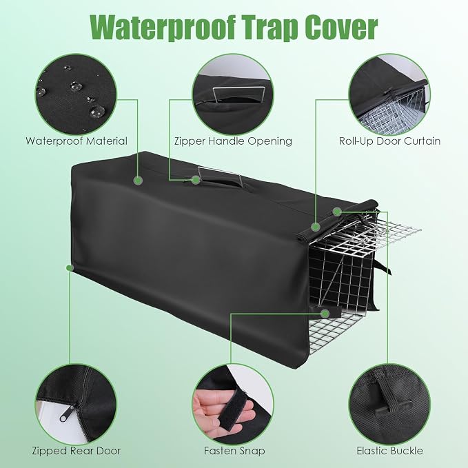 TeqHome Live Animal Trap Cage with Cover, 31"x12"x12" Large Foldable Galvanized Steel Humane Cat Trap, Heavy Duty Metal Raccoon Traps for Stray Cats Opossums Groundhogs Skunks Squirrels Chipmunks Mole