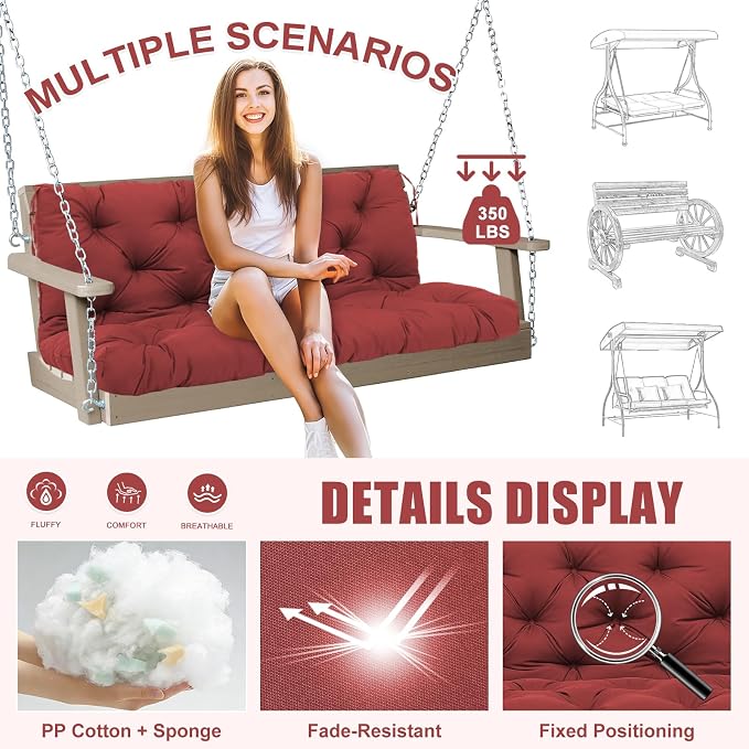 Porch Swing Cushions Outdoor 48 inch x 40 Waterproof Swing Cushions 3 Seater Replacement with Backrest & 8 Ties 5" Thick Bench Swing Cushions for Outdoor Furniture Patio(Wine red)