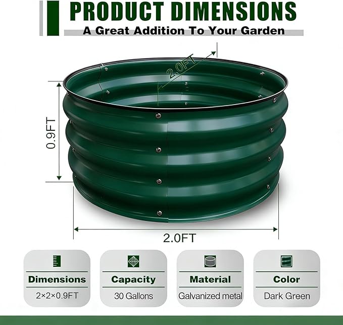 GrowHaus 2x2x1FT Galvanized Raised Garden Bed, Planter Boxes Outdoor Round Metal Garden Beds for Planting Vegetables Flowers Herbs Dark Green