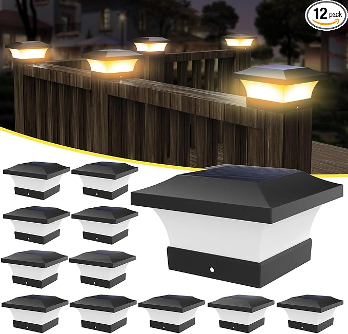 T-SUN 4X4 Solar Post Cap Lights, Warm White LED Fence Post Solar Lights, Outdoor Waterproof Post Lights for Wood & Vinyl Fence Posts, Deck, Patio Railing, Porch, Black-12 Pack