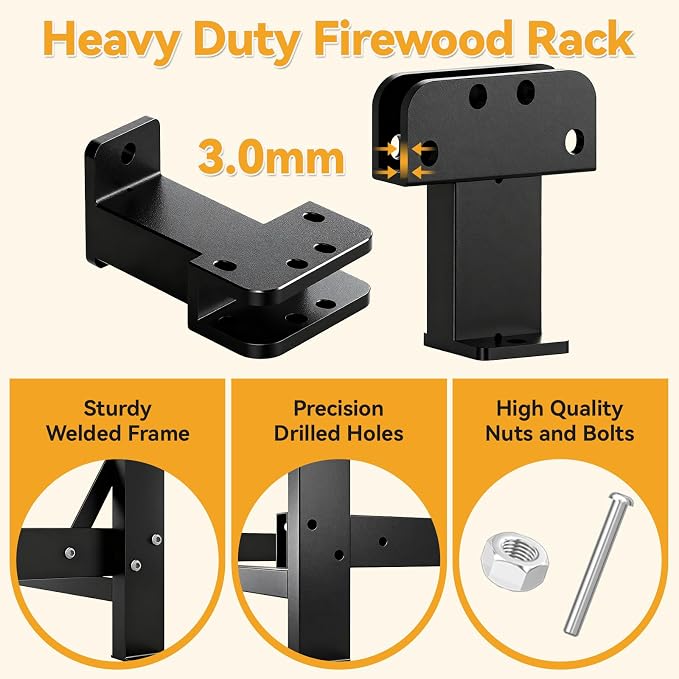 Heavy Duty 8ft Firewood Rack with Cover Outdoor, 1/2 Cord Capacity Log Holder Sturdy Steel Construction, All-Weather Black Powder Coat Wood Storage Organizer for Indoor&Outdoor Use, Black