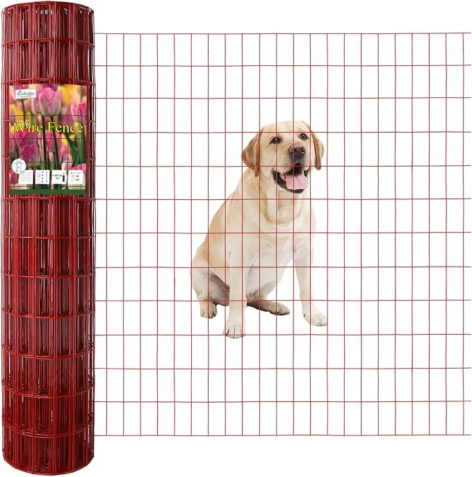 Red PVC Coated Welded Wire Fence 48 Inch x 50 Foot, 2 Inch x 4 Inch 14GA, Garden Border Fencing Roll Vinyl Coating Metal Wire Mesh Hardware Cloth for Yard Vegetable Plant Protection