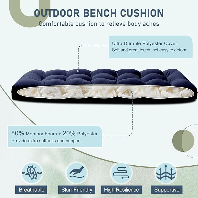 downluxe Outdoor Bench Cushion for Patio Furniture, Water Resistant Tufted Overstuffed Porch Swing Cushions, Thick Outdoor Loveseat Cushions, 59" x 18" x 5", Navy, Set of 1