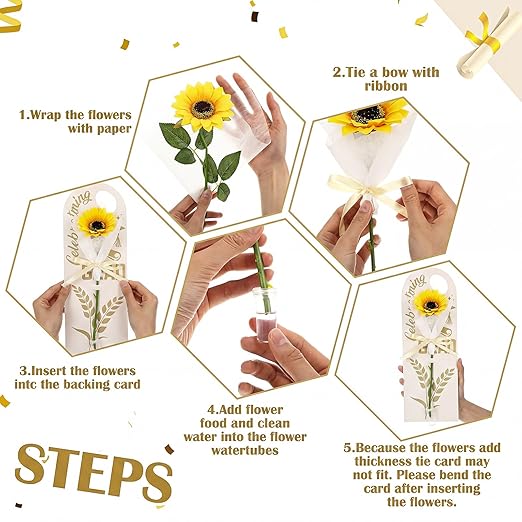 Eaasty 24 Set Graduation Day Themed Single Sunflower Card Sleeve Grad Gift Packaging Flower Holder with Floral Water Tubes Ribbon Floral Tissue Paper for Flower Packing