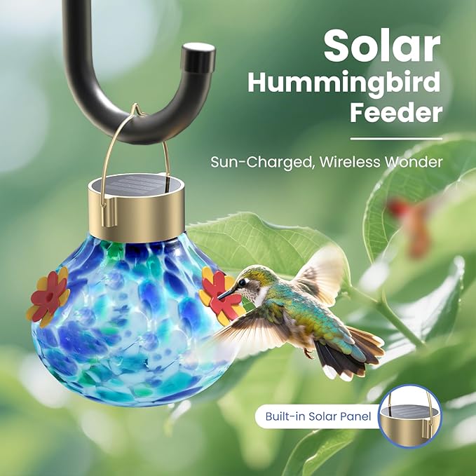 Hummingbird Feeder with Solar Light, Outdoor Glass Hummingbird Feeder, Auto-Lighting Solar Lamp for Garden Decor, 3 Feeding Ports Attract More Birds, Waterproof Design, Ideal Gift (Blue)