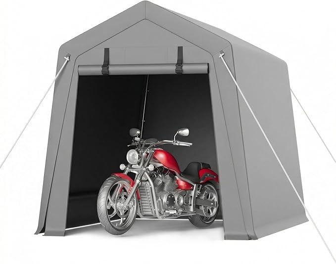 GarveeHome 6 x 8 Ft Carport Storage Shed, Portable Garage with Roll-Up Zipper Door, Heavy Duty Waterproof Tarp, Storage for Motorcycle, Bike, Firewood, Garden Tools, Grey