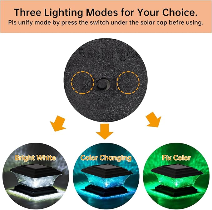 HUYIENO Solar Post Cap Lights - Outdoor LED Deck Fence Cap Light, 9 Light Modes, Bright White/7 Color Fixed & Cycling Modes, Suitable for 4x4 & 5x5 Wooden Posts, Black, 4pk