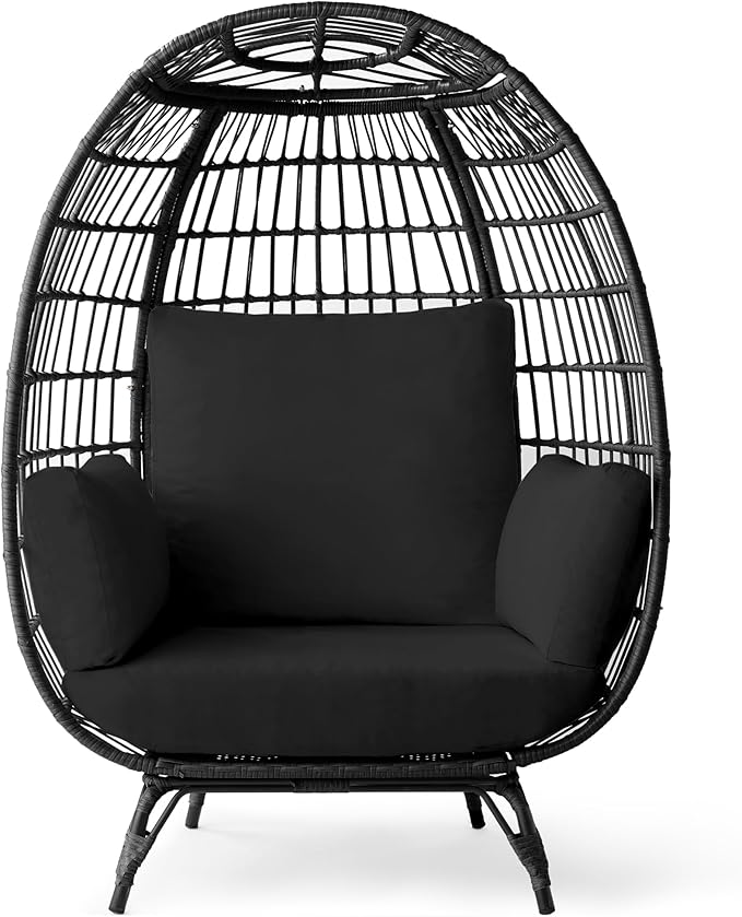 Best Choice Products Wicker Egg Chair, Oversized Indoor Outdoor Lounger for Patio, Backyard, Living Room w/ 4 Cushions, Steel Frame, 440lb Capacity - Black/Black