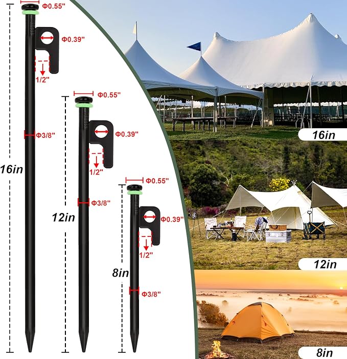 32Pcs Tent Stakes, 12in Heavy Duty Tent Stakes with Storage Pouch, Forged Steel Tent Sakes Metal, Metal Stakes for Tent Used on Grassland, Snowfield, Dessert(32Pcs, 12in, Diameter 3/8")