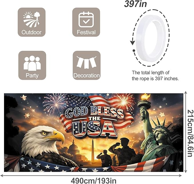 7 * 16FT Eagle flag God Bless The USA Garage Door Cover Decorations Independence Day Garage Door Banner for Outdoor Indoor Patriot Party Photography Backdrop