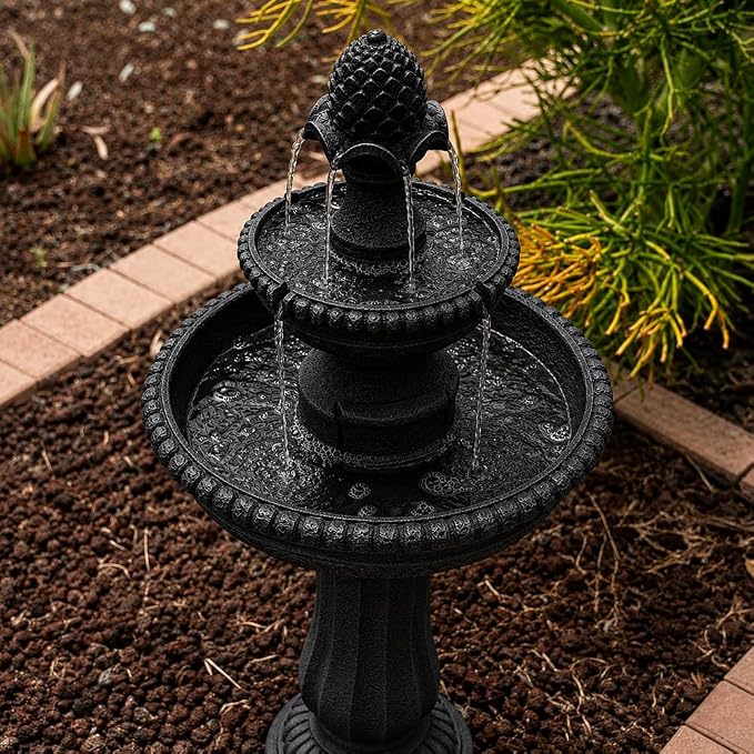 XBrand 39" 2-Tier Outdoor Freestanding Solar Water Fountain - Classic Design, Black Resin Bird Bath with Pump - Ideal for Yard, Lawn and Garden, Porch Décor