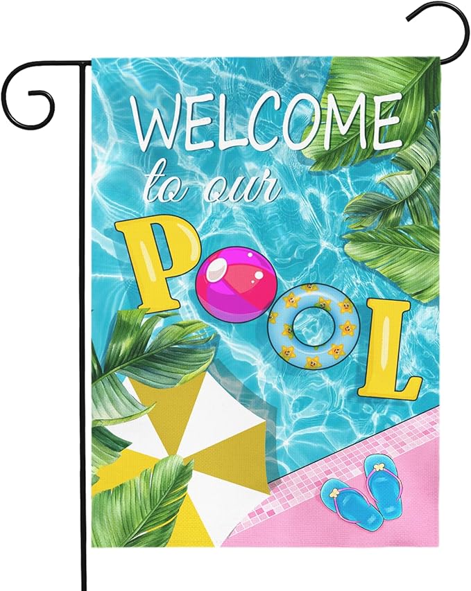 Welcome to Our Pool Garden Flag Vertical Double Sided Summer Swimming Pool Yard Flag Palm Leaf Parasol Garden Flags 12x18 Inch Holiday Party Seasonal Farmhouse Banner Outdoor Decor