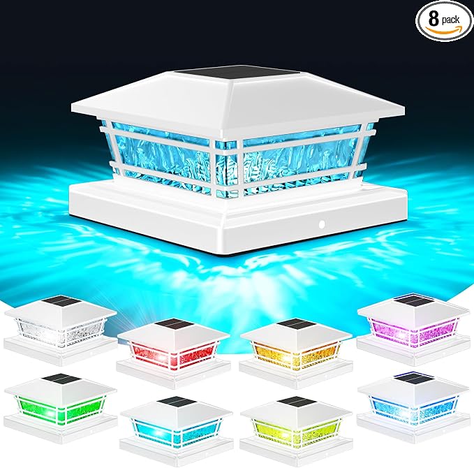 Solar Post Cap Lights White with 8 RGB Solid Colors & Color Changing, 8 Pack Solar Vinyl Fence Post Cap Lights for Porch Yard Garden，Deck Post Lights Waterproof for 4x4 5x5 6x6 Vinyl/Wooden Posts