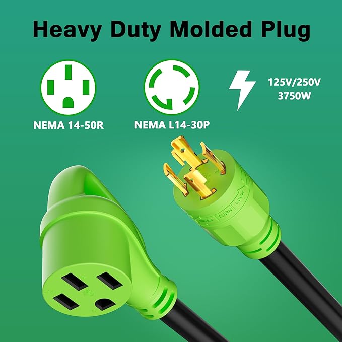 4 Prong 30 Amp to 50 Amp Generator to RV/EV Adapter Cord, NEMA L14-30P Twist Lock Male Plug to NEMA 14-50R Female Receptacle with Handle, STW, 10AWG, Adapter for RV and EV Level 2 Charging, 1FT, Green
